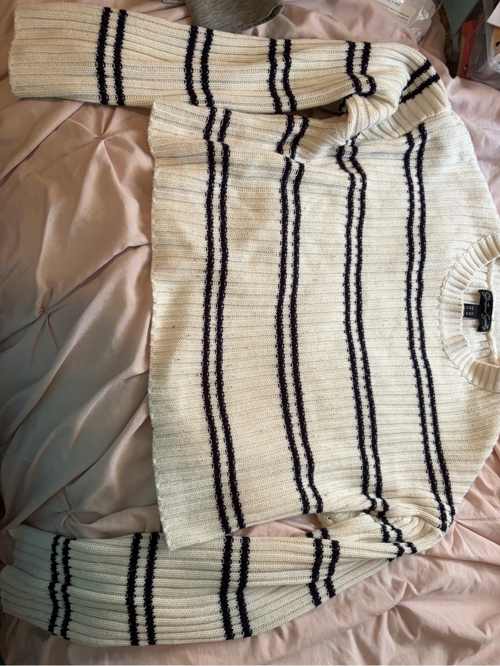 Striped Crewneck Cropped Sweater - Cream with Navy Stripes